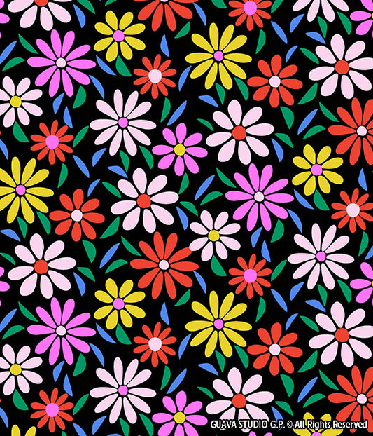 0678D- Colorful Daisies on Black Ground