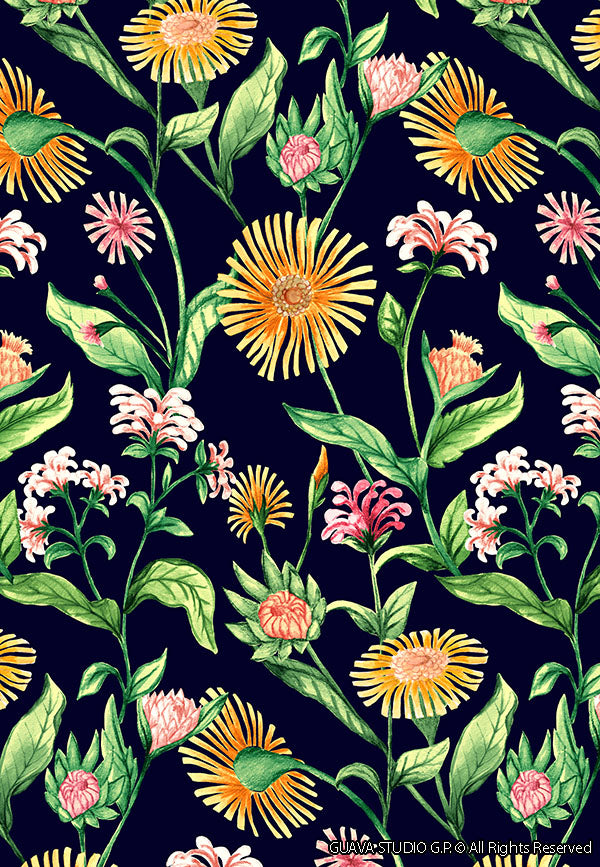0386B- Navy Ground Watercolor Botanical